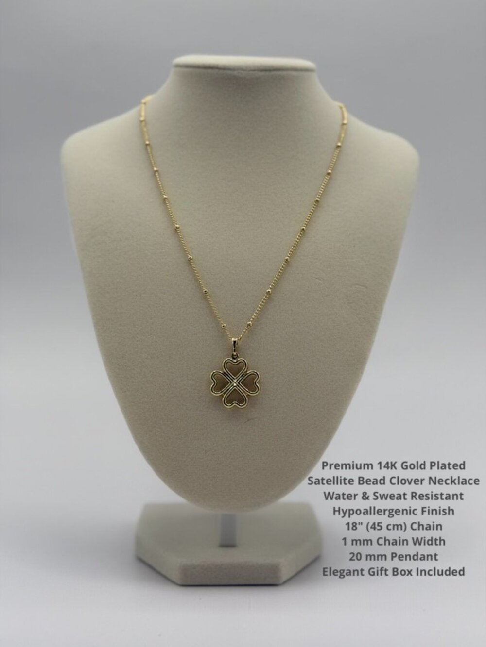 14K Gold Plated Premium Satellite Clover Necklace 18" 20mm Pendant